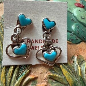 Handmade Zuni Sterling Silver & Turquoise Heart Drop Earrings